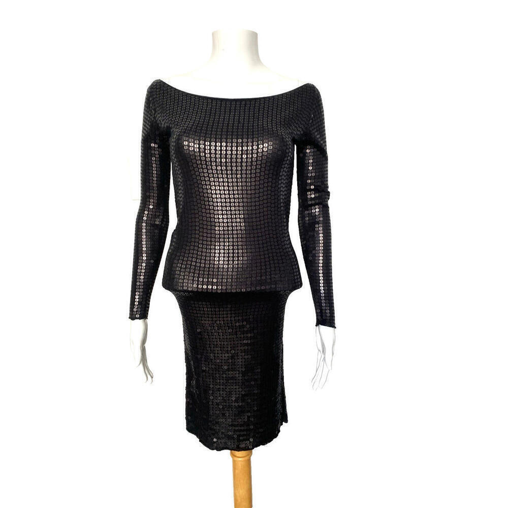 Yaya Aflalo Black Sequin Long Sleeve Dress Off Shoulders Size S Small Cotton